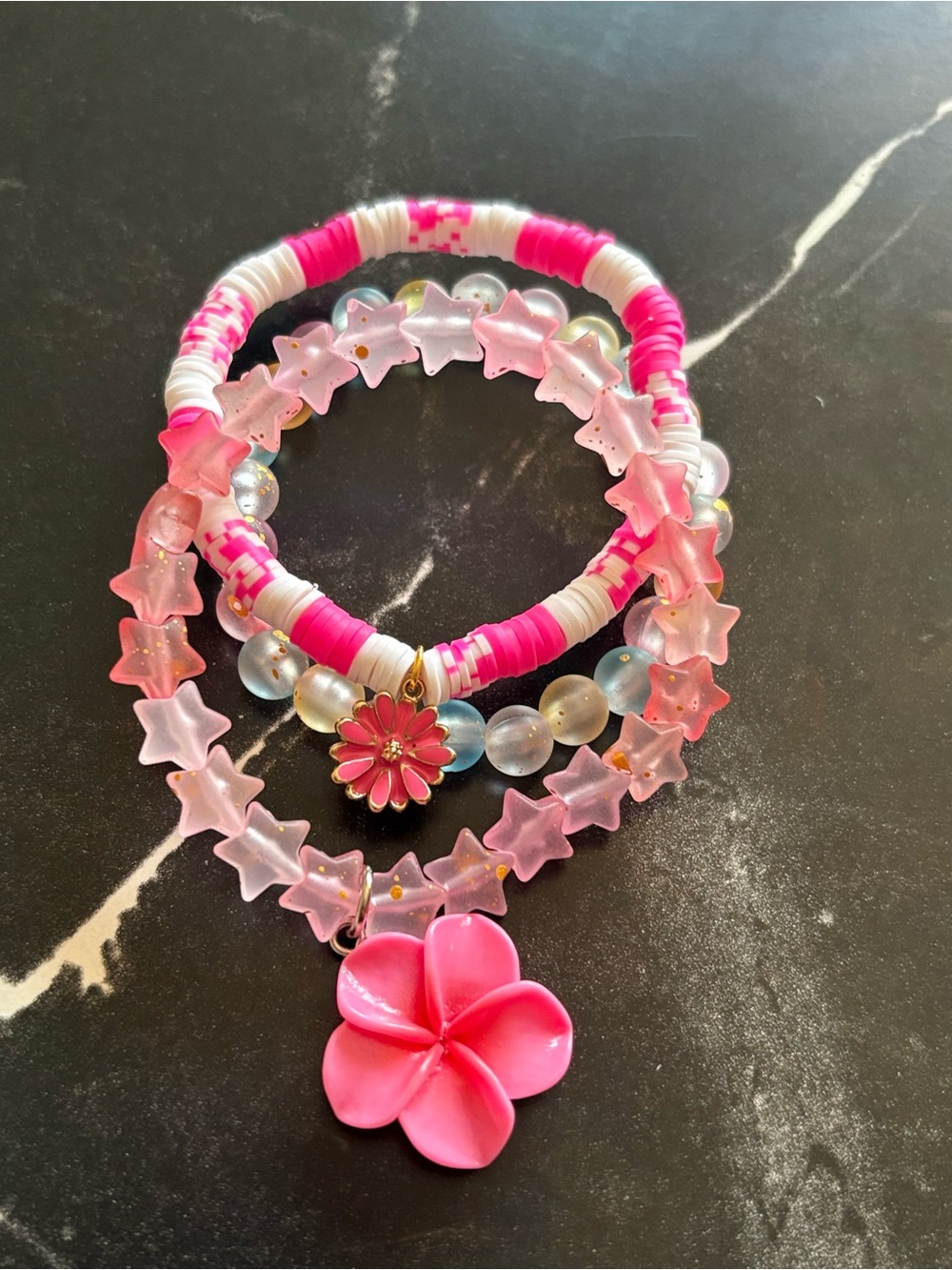 3 Pink Floral Star Beaded Bracelet Set